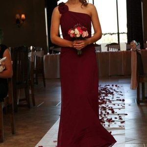 Davids Bridal, one shoulder bridesmaids dress in Sangria